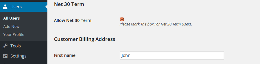 Net30 Order selection Admin