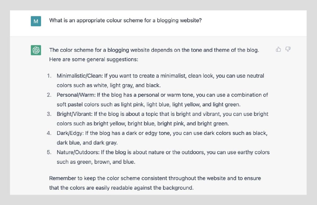 An appropriate color scheme for a blogging website